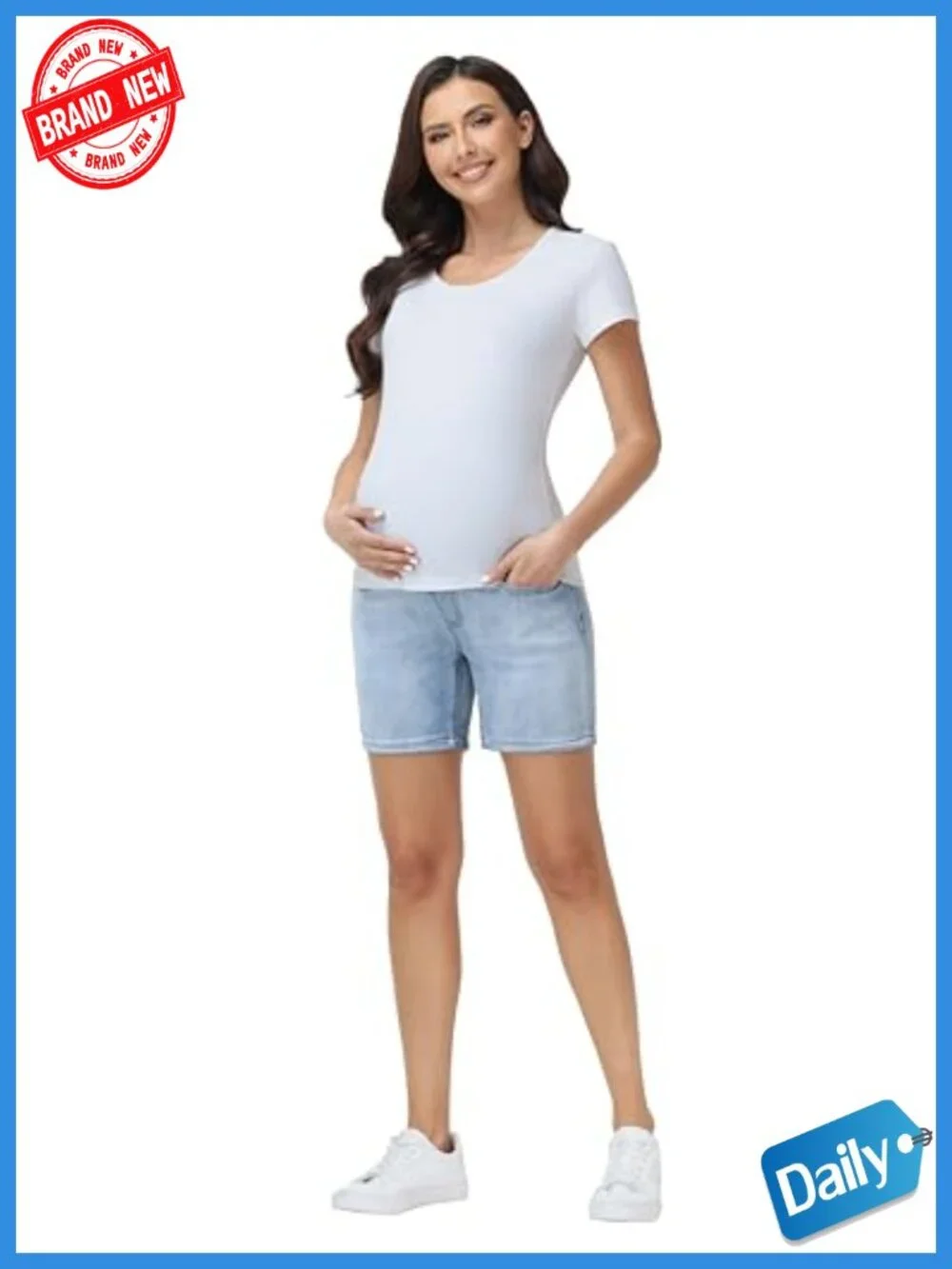 Maternity Jean Shorts Over The Belly Mid Thigh Denim with Pockets Stretchy